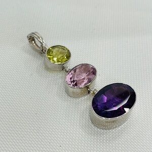 14K White Gold Triple Oval Multi-Colored Gemstone  Pendant